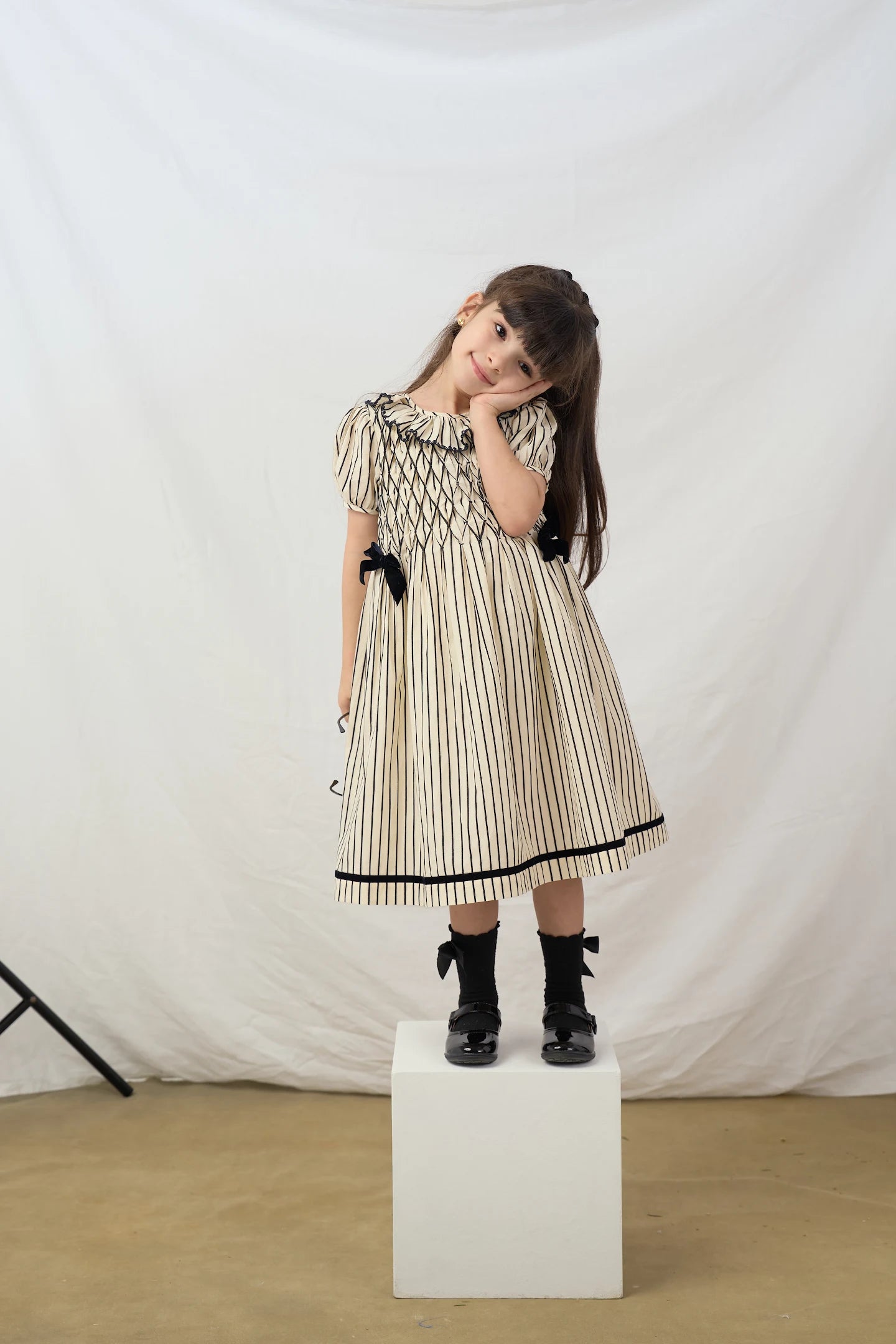 black & beige strip smocked Dress