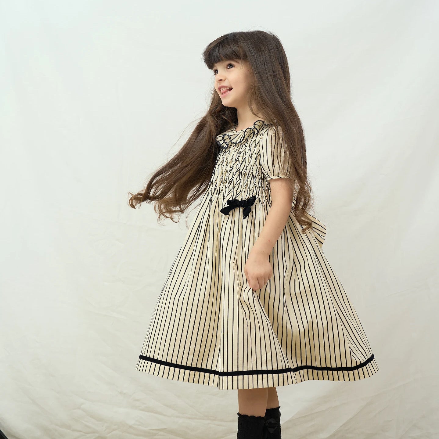 black & beige strip smocked Dress