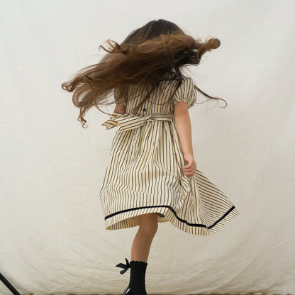 black & beige strip smocked Dress