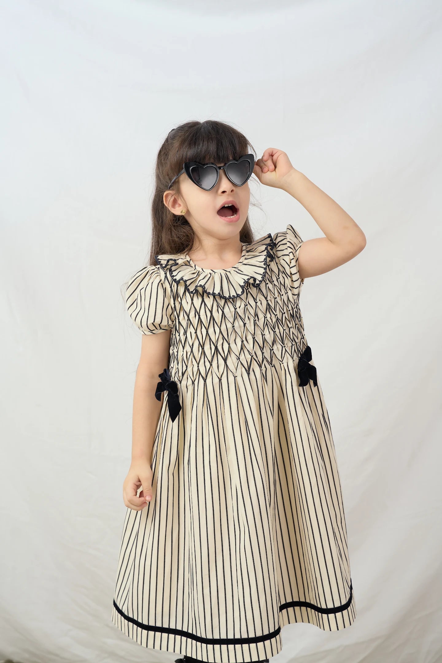 black & beige strip smocked Dress