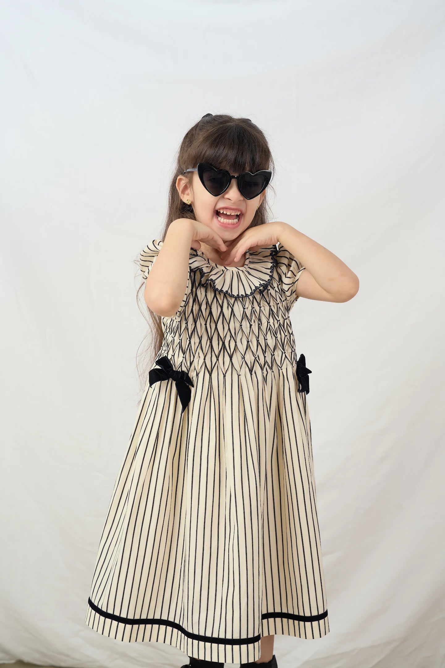 black & beige strip smocked Dress