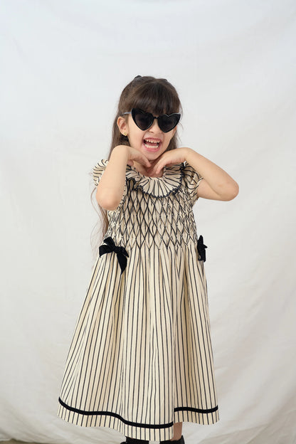 black & beige strip smocked Dress